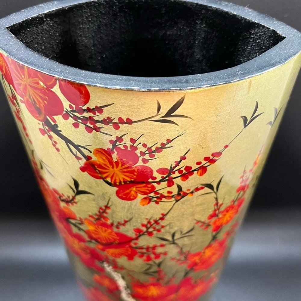 Stunning Gold Vase with Beautiful Crimson Flowers Asian